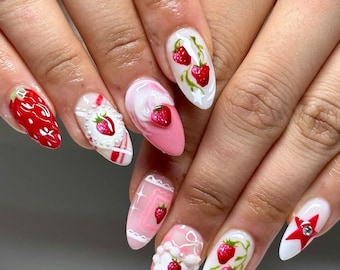 Uñas postizas de tarta de fresa, juego de uñas de almendra con lindo gato en 3D, fruta, uñas dulces de color rosa y rojo, diseño de postre kawaii, uñas de cumpleaños.