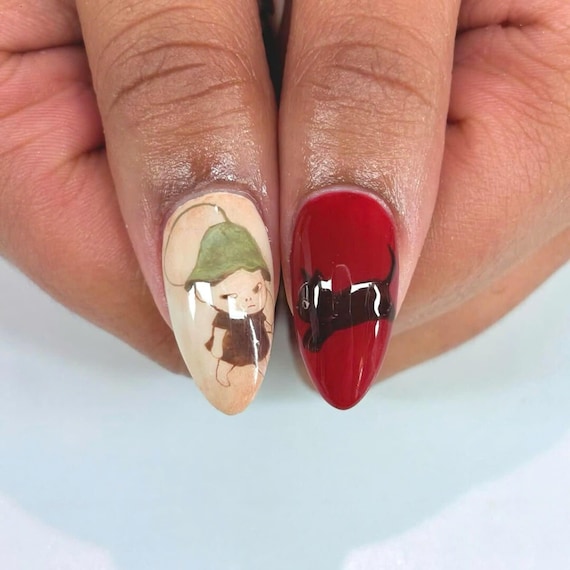 Unique Yoshitomo Nara Press on Nails, Handmade Japanese Fake Nail