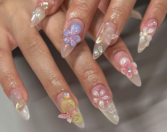 Orchid Garden Press On Nails, Luxury Long Stiletto Nail Set with Jelly Flower, Spring Nails,Handmade Press on, Glue On Nails, Trendy Nails.