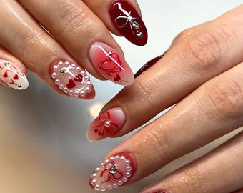 Miffy Bunny, Heart, Cherry in Red & Pink Almond Press On Nails, Valentine Nail Cute, Fake Nail, Gel Nail Art, False Nail, Glue on Nail, Gift