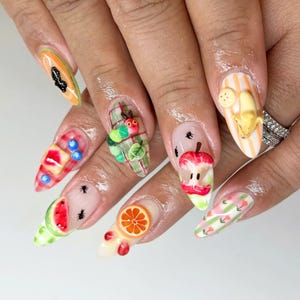 Handmade Fruit Press On Nails, Almond Nail Set with 3D Kawaii Summer Nail Art, Colorful Fake Nails, Cute Custom Nails for Gifts & Parties.