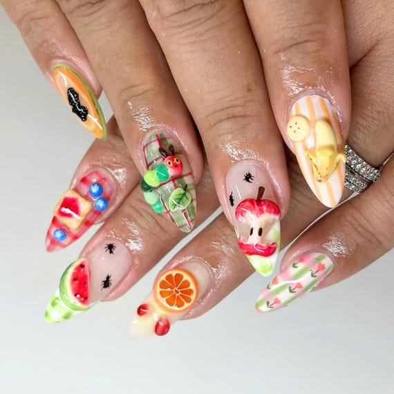 Handmade Fruit Press on Nails, Almond Nail Set With 3D Kawaii