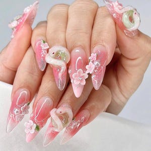 Hand-painted Pink Lotus Nails, Long Almond Nails, Asian Nails Art with Snake, Jade, New Year Nails, Press On Nails, Floral Nail, Snake Nails