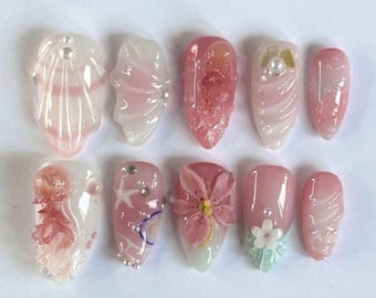 Jelly Ocean-Inspired Press On Nails, Summer Holiday Fake Nail, Beach Theme with Seashells and Octopus Design, Handmade Nail for Summer Vibes