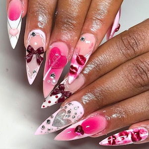 Valentine&#39;s Day Party Press On Nails, Unique Stiletto Nail Set with Kiss, Heart, Red Valentine Nails, Handmade Romantic Nails, Gift for her.
