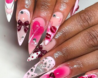 Valentine's Day Party Press On Nails, Unique Stiletto Nail Set with Kiss, Heart, Red Valentine Nails, Handmade Romantic Nails, Gift for her.
