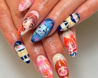 Custom Anime Press On Nails, Handmade Almond Fake Nails with Cute Cartoon Art, Japanese Kawaii Nail Design, Cosplay Nails Gift, Unique Nails