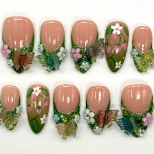 Unique Sparkling Green Press On Nails, Handmade Fairy Garden Almond Nail Set with 3D Butterfly and Floral Nail Art, Trendy Spring Nails