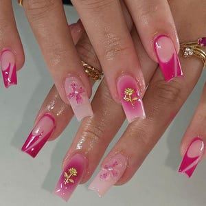 French Tips with Pink Flower Press On Nails, 3D Gel Nails, Pink Nails, Custom Nail Art, Holiday Nails, Fake Nail Designs, Spring Nail Set.