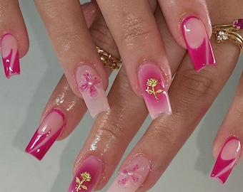 Französische Spitzen mit Rosa Blume Press On Nails, 3D Gel Nägel, Rosa Nägel, Benutzerdefinierte Nagelkunst, Feiertagsnägel, Gefälschtes Nageldesign, Frühlingsnagelset.
