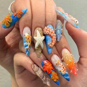 Summer Ocean Press On Nails, Koi Starfish Shell Hibiscus 3D Handmade Reusable Stiletto Set