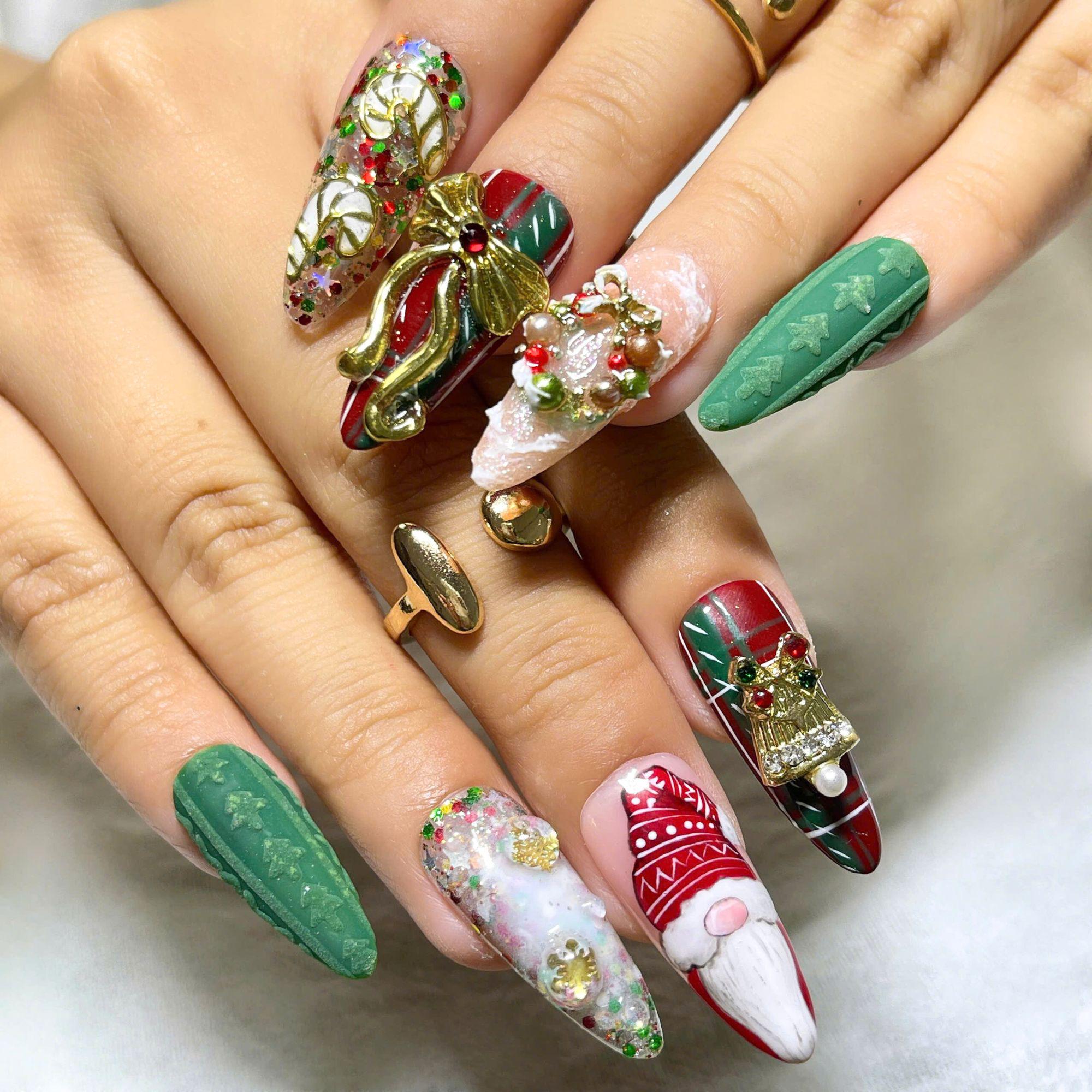 クリスマスネイル(Christmas nail tips) Christmas Press on Nails Set – 3D Holiday Tree, Santa, Wreath