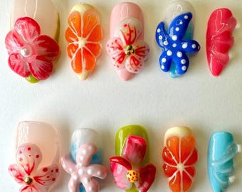 Vibrant Summer Press On Nails, Hand-painted Nail Set with Orchids & Starfish Designs, Party Nails, Perfect for Tropical Vibes, Beach Holiday
