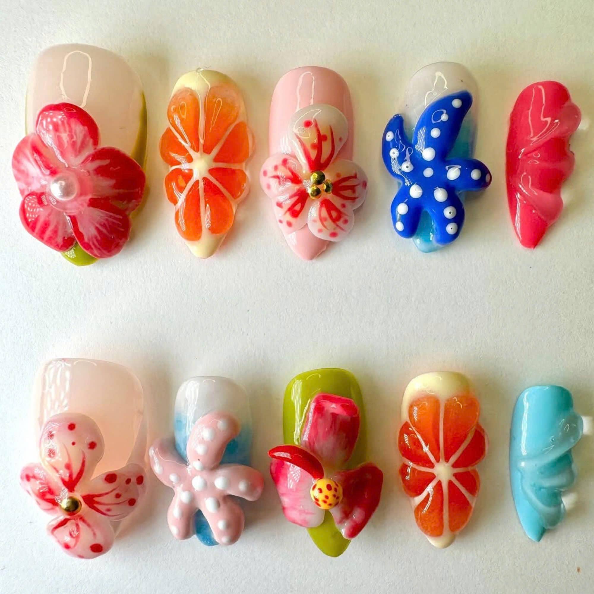 mfsix nail＊お値下げ不可ネイルパーツセット 多色 さまざまな形 Vibrant Summer Press on Nails, Hand-painted Nail Set With Orchids