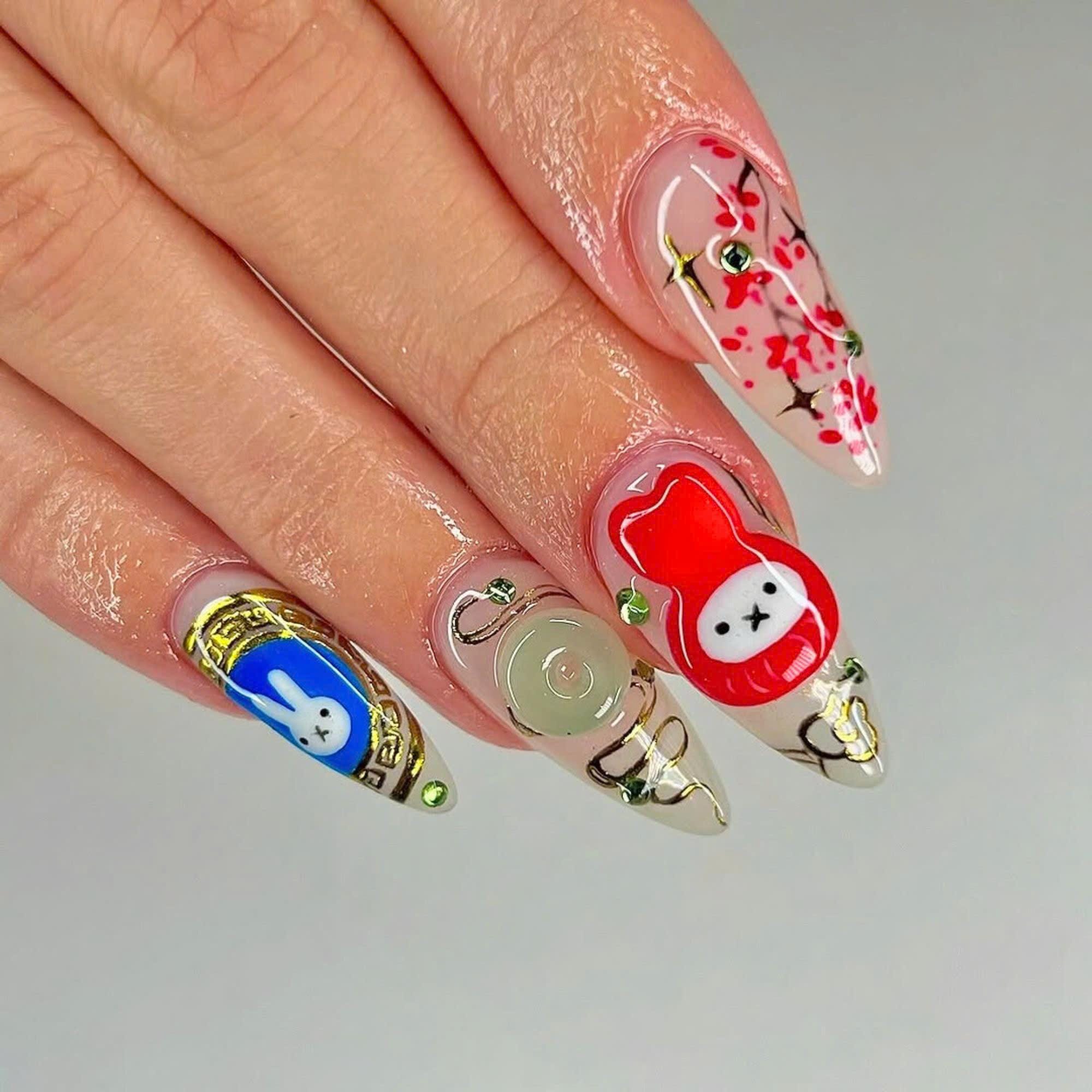 Long Almond Nail Set With Cute Miffy, Peach Blossom, Lantern