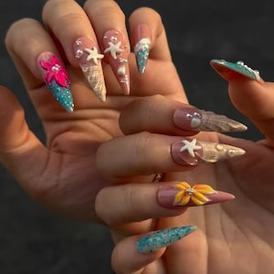 3D Beach Ocean Press On Nails, Handmade Starfish Seashell Tropical Flower Nail Art, Summer Vacation Coastal Mermaid Vibes, Holiday Nails.