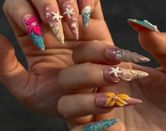 3D Beach Ocean Press On Nails, Handmade Starfish Seashell Tropical Flower Nail Art, Summer Vacation Coastal Mermaid Vibes, Holiday Nails.