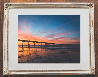 Sunset photo wall art- San Diego photography for home decor - California beach wall prints - Ocean Beach pier - Colorful sunset sky photo