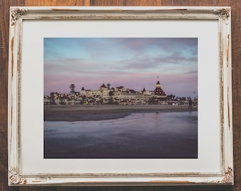 Impresión de la puesta de sol en el Hotel del Coronado, fotografía de la playa de San Diego, arte mural de California