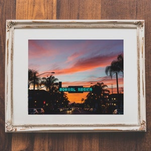 Normal Heights neon sign at sunset - San Diego neighborhood signs - Photo of Normal Heights San Diego sign - San Diego sunset home decor