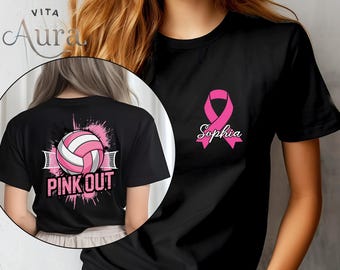 Custom Pink Out Volleyball Shirt, Personalized Game Day Tournament Season Breast Cancer Awareness T-Shirt
