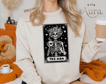 Witchy Mom Sweatshirt, Tarot Card, Celestial, Skeleton Halloween Crewneck Hoodie