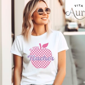 Personalized Teacher Shirt, Pink Trendy Teacher Appreciation Gifts, Teacher Shirt  Retro Apple Teacher Name Tee, Custom Checker From Student