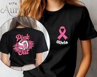 Personalized Pink Out Volleyball Shirt, Breast Cancer Awareness Team T-Shirt, Back Front Ribbon Tee