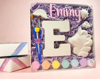 Paint Your Name Initial and Unicorn Gift Box - Personalized Holiday & Birthday Gift - Plaster Painting Kit for Girls