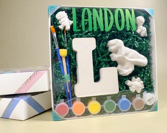 Personalized Plaster Painting Kit: Initial & T-Rex Dinosaur Gift Box