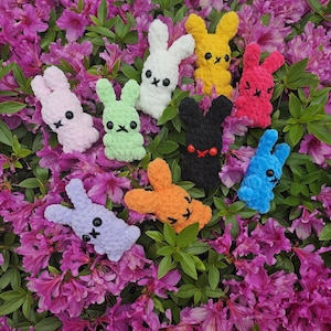 Puede incluir: Una colección de conejitos de crochet hechos a mano y coloridos. Los conejitos son de varios colores, incluyendo rosa, verde, blanco, amarillo, rojo, negro, azul, naranja y morado. Cada conejito tiene ojos negros y una boca cosida. Los conejitos se exhiben sobre un lecho de vibrantes flores rosas.