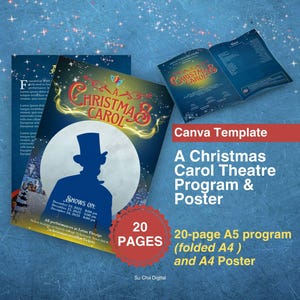 Könnte beinhalten: Eine Canva-Vorlage für ein A Christmas Carol Theaterprogramm und Plakat. Das Design zeigt einen blauen Hintergrund mit der Silhouette eines Mannes mit Zylinder, dem Text A Christmas Carol und Aufführungsdaten. Enthält ein 20-seitiges A5-Programm.