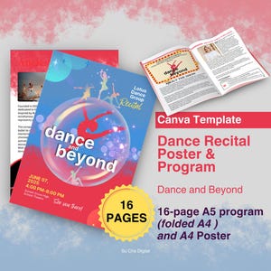 Puede incluir: Una plantilla de Canva para un cartel y programa de recital de baile. El cartel presenta una silueta de bailarina dentro de una burbuja con las palabras "dance and beyond". El programa es un folleto A5 de 16 páginas. El diseño incluye colores rojo, azul y blanco.