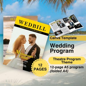 Puede incluir: Una plantilla de programa de boda con un diseño amarillo y blanco. La portada presenta una pareja y el texto "WEDBILL" y "Midsummer Union". El programa es un programa A5 de 12 páginas (plegado A4).