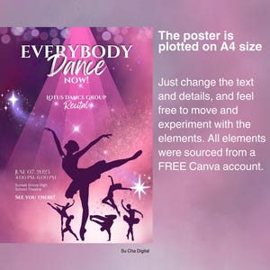 Może przedstawiać: Fioletowo-r&oacute;żowy plakat z sylwetką tancerki baletowej. Tekst głosi "Everybody Dance Now!" i "Lotus Dance Group Recital". Data i godzina recitalu to "June 07, 2025, 4:00 PM-6:00 PM". Miejsce to "Sunset Grove High School Theatre". Plakat zawiera r&oacute;wnież tekst "See you there!" i "Su Cha Digital".