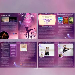 Może przedstawiać: Fioletowa i biała broszura zatytułowana "Everybody Dance" z informacjami o grupie tanecznej, nadchodzących pokazach, zbi&oacute;rce funduszy i wykonawcach. Broszura zawiera zdjęcia tancerzy w r&oacute;żnych pozach.