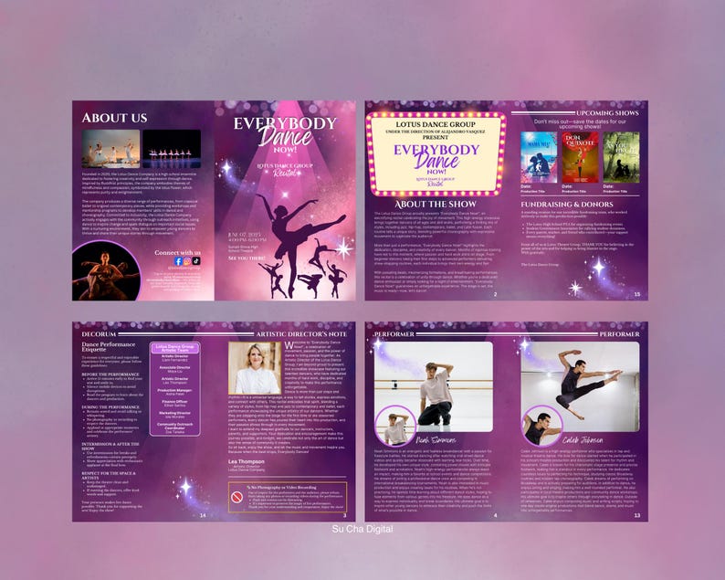 Może przedstawiać: Fioletowa i biała broszura zatytułowana "Everybody Dance" z informacjami o grupie tanecznej, nadchodzących pokazach, zbi&oacute;rce funduszy i wykonawcach. Broszura zawiera zdjęcia tancerzy w r&oacute;żnych pozach.