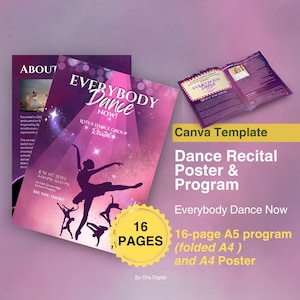 Könnte beinhalten: Eine rosa und violette Canva-Vorlage für ein Tanz-Recital-Plakat und -Programm. Die Vorlage zeigt eine Silhouette einer Ballerina, die unter einem Scheinwerfer tanzt. Der Text "Everybody Dance Now!" ist auf dem Plakat zu sehen. Das Programm umfasst 16 Seiten und ist auf A4 gefaltet. Das Plakat ist im A4-Format.