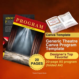 May include: A theatre program template with a red and yellow cover that says "PROGRAM" and "LOTUS THEATRE GROUP". The program features a stage design with curtains and spotlights. The image also includes the text "20 PAGES" and "Canva Template".