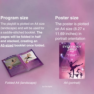 Może przedstawiać: R&oacute;żowe i fioletowe tło z dwoma polami tekstowymi. Pierwsze pole tekstowe m&oacute;wi "Program size" i opisuje, jak złożyć program, aby stworzyć broszurę. Drugie pole tekstowe m&oacute;wi "Poster size" i opisuje rozmiar plakatu w calach. Plakat jest dla przedstawienia tanecznego o nazwie "Everybody Dance Now!"