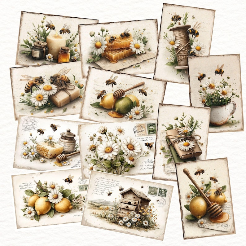 Bumblebees and Daisies Junk Journal Cards, Vintage Ephemera, Scrapbooking Kit, Digital Download, Honey Bee Crafts image 3