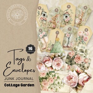 Garden Cottage Junk Journal Tags & Enveloppes, clipart aquarelle, documents éphémères imprimables, créations en papier, images florales, DDRJJ001G
