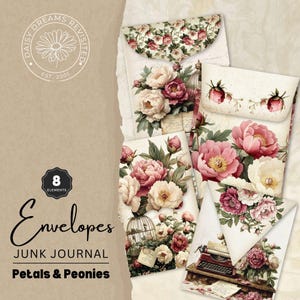 Blütenblätter & Pfingstrosen Junk Journal Umschläge - Druckbare florale Ephemera - Natur inspiriert - digitaler Download, DDJJ010I