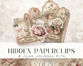 Kit de trombone caché shabby chic - éphémères de journal indésirable, étiquettes imprimables, pochettes et enveloppes - pivoine et rose en téléchargement numérique DDJJ035S