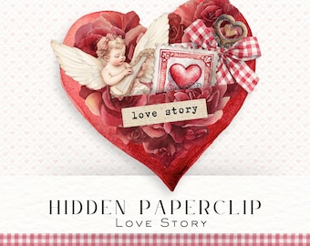 Love Story versteckte Büroklammer | Vintage Valentine Junk Journal Ephemera | Herz Taschenclip | Druckbare digitale Datei