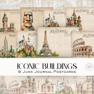 Cartes postales vintage de bâtiments emblématiques de Junk Journal, kit imprimable éphémères, téléchargement numérique pour le scrapbooking et le collage DDJJ008M