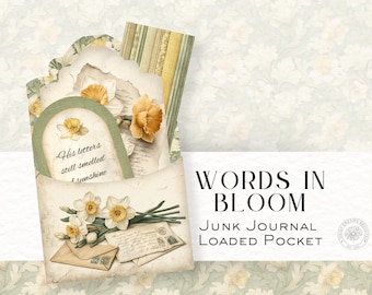 Words in Bloom – Printable Junk Journal loaded Pocket tag  Daffodils & Vintage Ephemera Vintage, Printable Digital Download DDJJ037I7