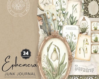 Vintage Snowdrop Symphony Junk Journal Ephemera, Printable Pages, Digital Download, DDJJ0022I