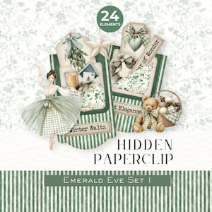 Emerald Eve Set 1 Hidden Paperclip Set, Deep Green Christmas Journals, Vintage Holiday Ephemera, Festive Paper Craft Supplies