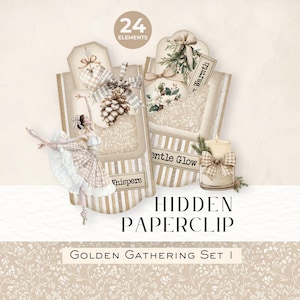 Golden Gathering Set 1 - Graffette nascoste, kit per diario natalizio vintage, effimeri festivi con etichette e mini buste